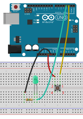 Circuit with push button, buzzer, and LED