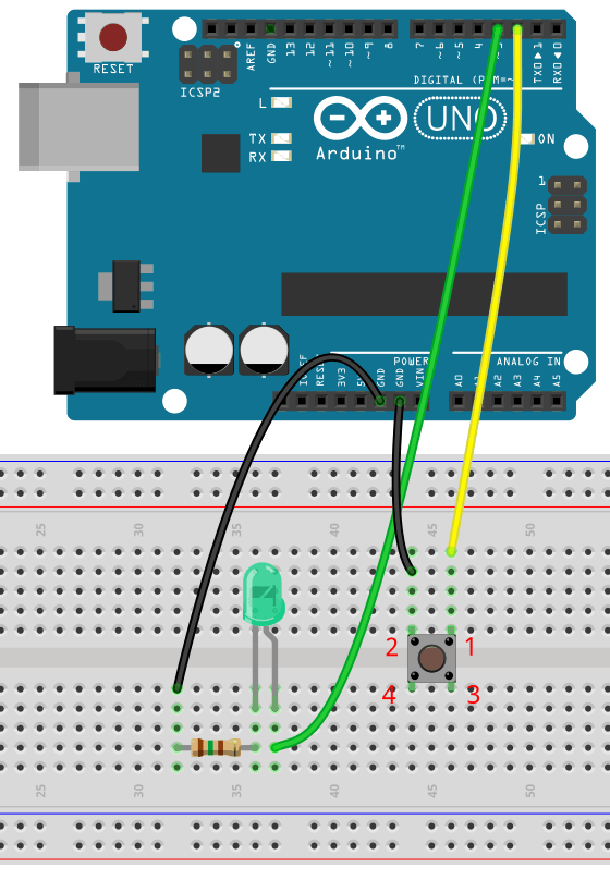 Circuit with push button, buzzer, and LED