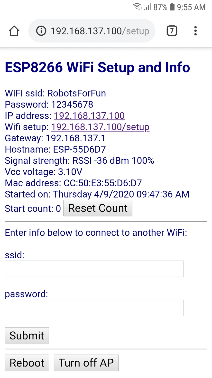 ESP8266 webserver setup and info page