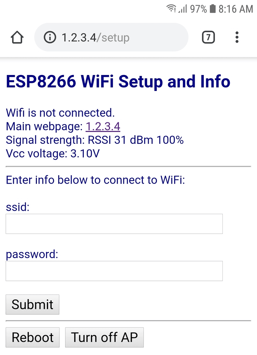 The ESP8266 WiFi setup and info page